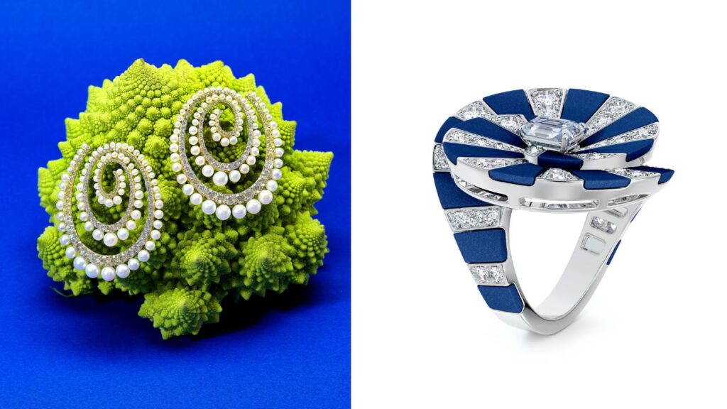 Anabela Chan Vortex hoop earrings set with lab-grown pearls and gemstones; De Beers Optical Wonder ring, from the jeweler’s The Alchemist of Light high jewelry collection by De Beers; Anabela Chan images