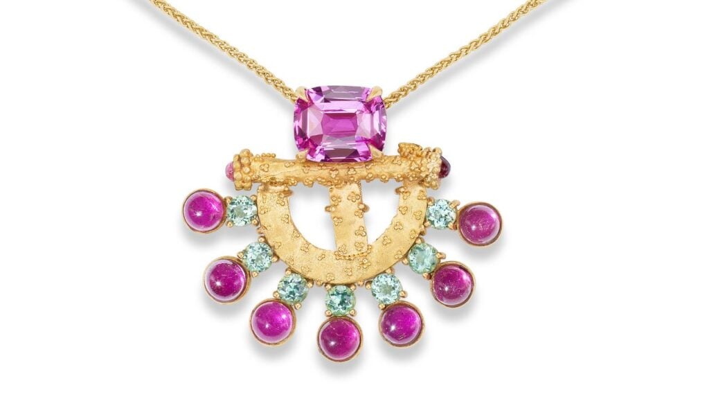 The Granulated Goddess necklace with a Phoenician high-karat gold votive pendant dating back to 600 to 400 BC, accented by pink sapphires, rubellites tourmalines, and teal tourmalines by Rebecca Rau image