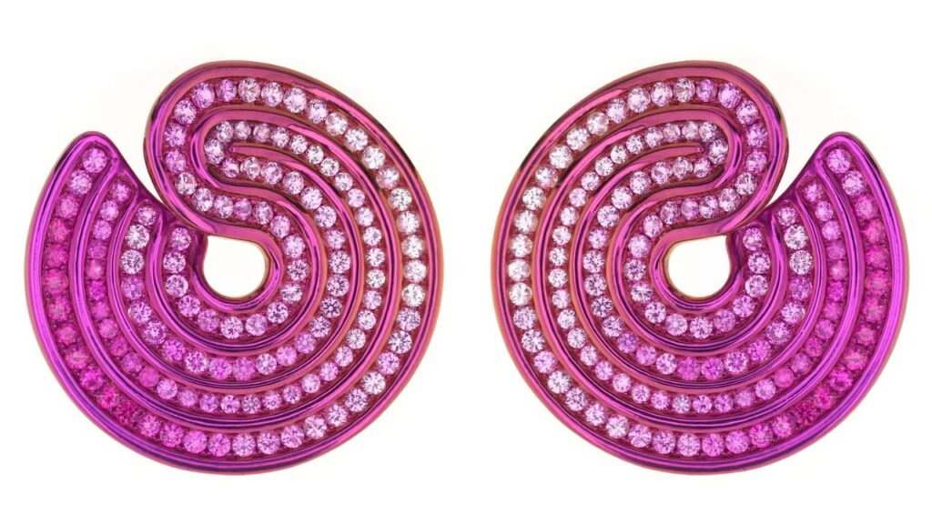 Lily Gabriella titanium and 18-karat gold Swirl earrings, set with sapphires by Lily Gabriella images