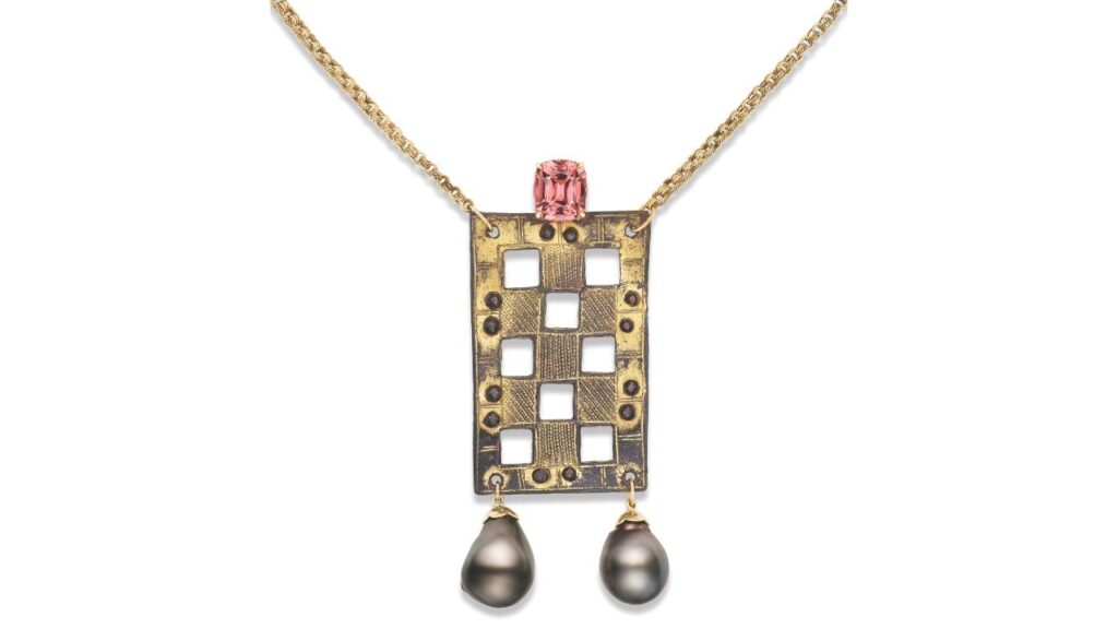 Protectrice necklace with a 13th Century Spanish gilt-bronze harness, adorned with an 11.68-carat pink tourmaline and Tahitian baroque pearls by Rebecca Rau image