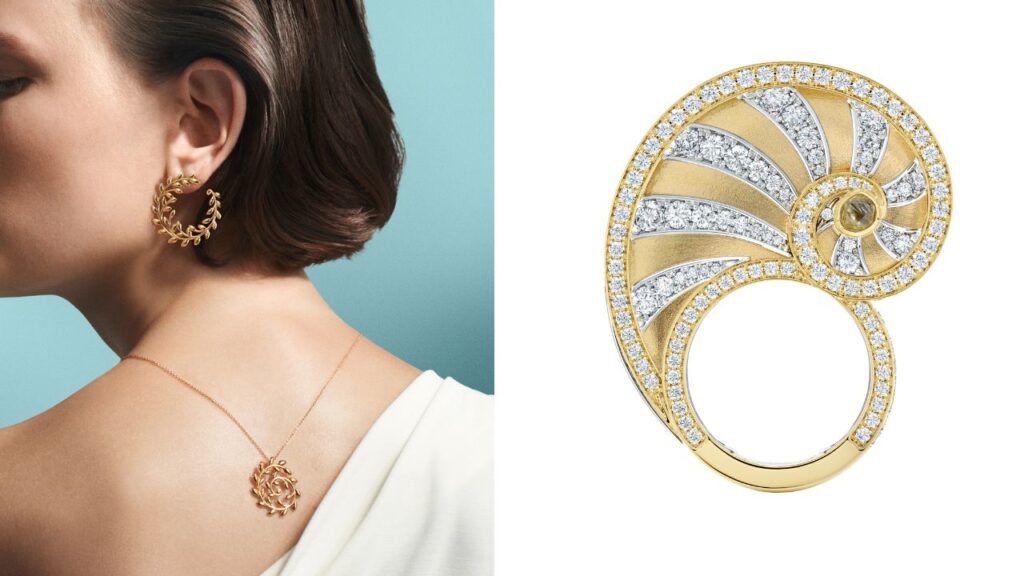 Paloma Picasso Olive Leaf suite of jewels in 18-karat gold, by Tiffany & Co (left); De Beers ring in 18-karat gold and diamonds by Tiffany & Co; De Beers (right) image