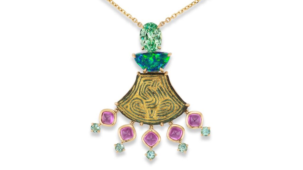 Green Flame necklace with a Saxon-era gilt bronze fitting that was once a carved horse bridle mount, accented by Australian Lightning Ridge black opal, Merelani mint garnet, rhodolites and teal tourmalines by Rebecca Rau image