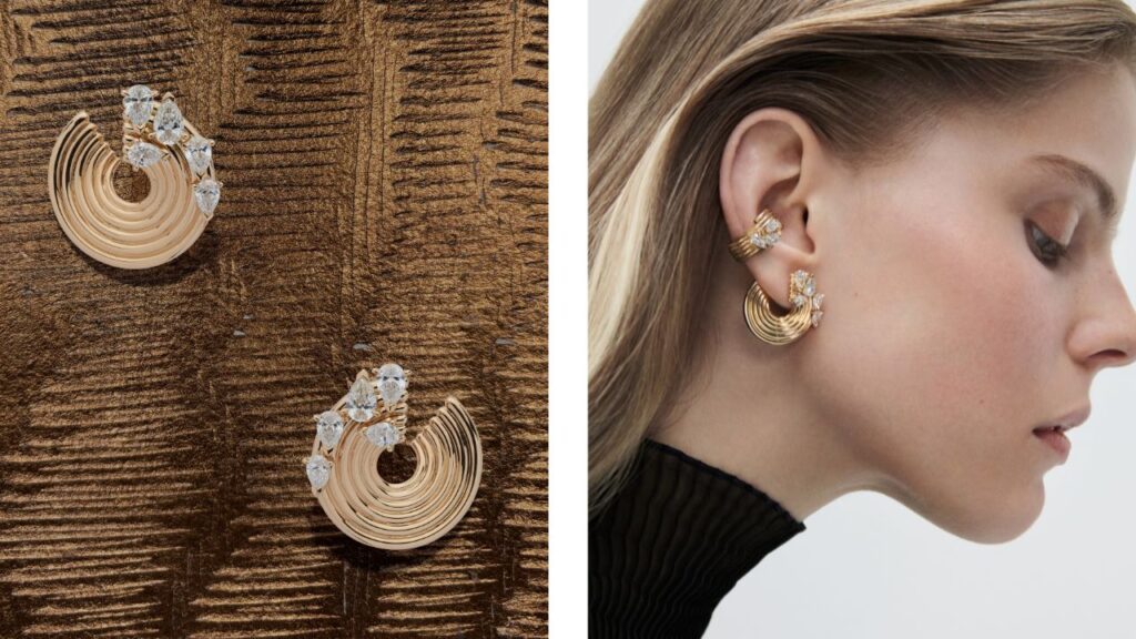 Repossi Spiral earrings in 18-karat gold and diamonds, shown worn on the ear (right) with a Repossi ear cuff by Repossi image
