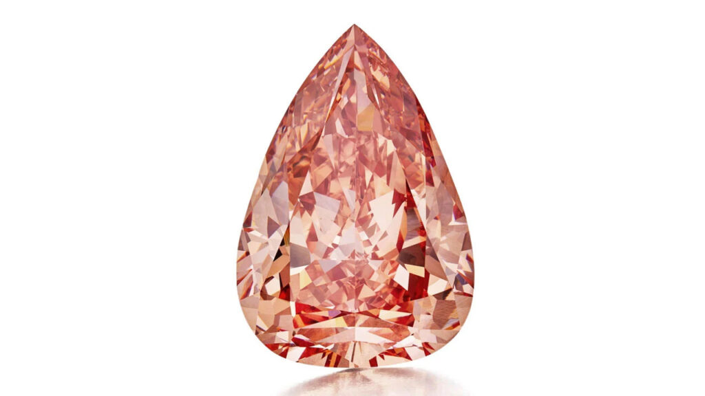 the Desert Rose — an unmounted pear-shaped, 31.68-carat, fancy-vivid-orangy-pink, VVS1-clarity diamond at Sotheby's image