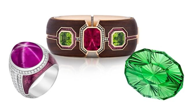 The sapphire Rock Star ring, the Elements bracelet, and the Grassbright and Gilded Light tsavorite garnet image
