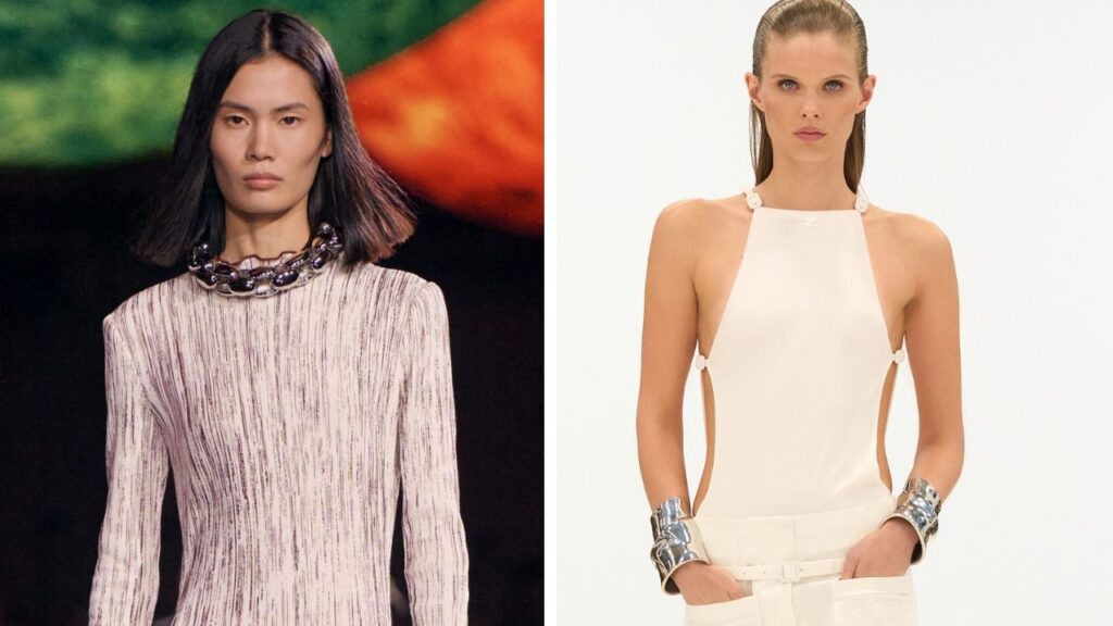 Chanel swapped its usual pearls for silver-tone curb-link chokers (left), while Courreges showed off silver-tone cuffs image