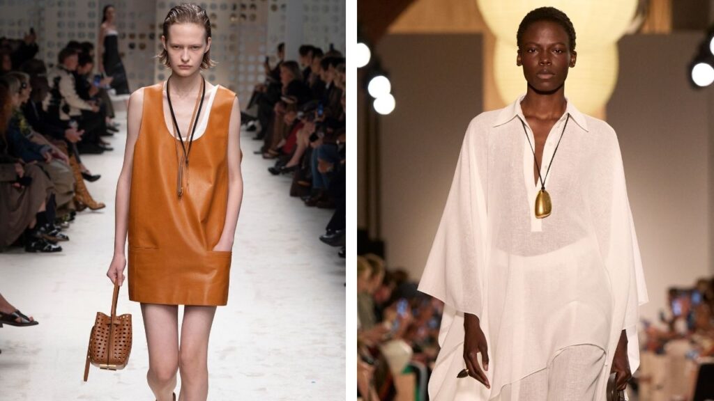 Leather necklaces at Tod’s (left) and a pendant on a leather thong at Michael Kors image
