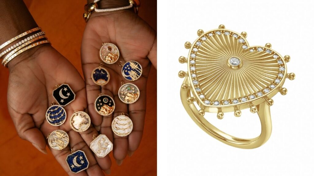Left: A selection of Lionheart charms with gold and diamond motifs over cuts of hard stone or mother-of-pearl. Right: The Cassandane ring in 18-karat gold and diamonds image