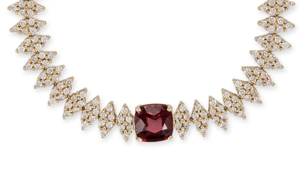 Double Liz diamond and yellow-gold bracelet by Jacquie Aiche with a rhodolite garnet image