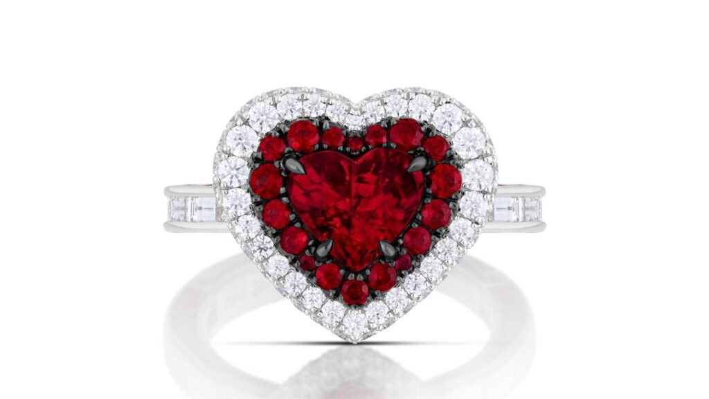 The platinum Love Struck ring with a heart-shaped Mozambique ruby as well as round rubies and round and baguette diamonds image