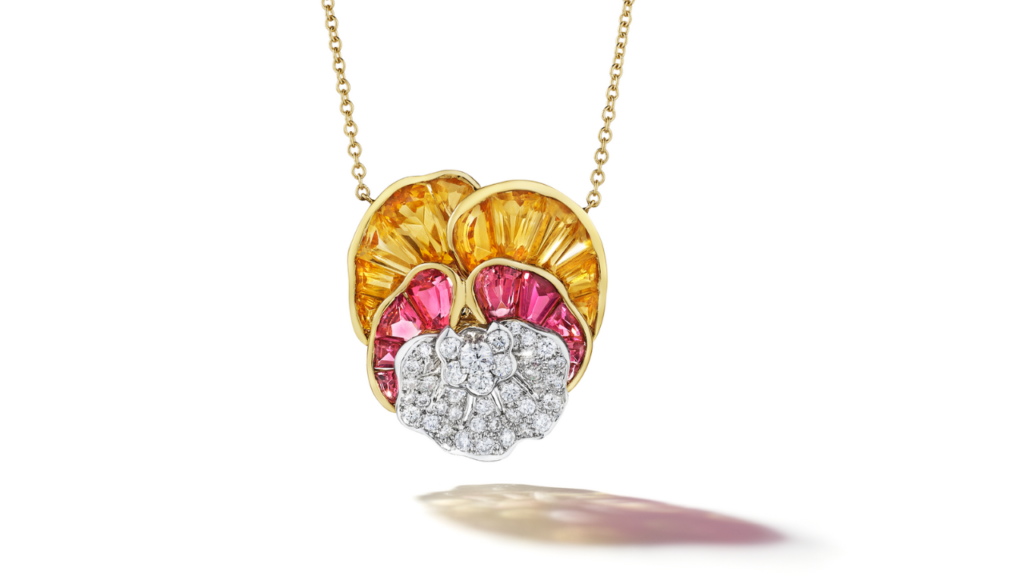 Pansy necklace with custom cut citrines and pink tourmalines, and round diamonds image
