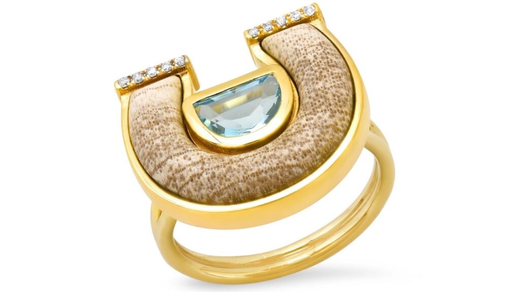 Sig Ward Horseshoe ring with topaz, petrified wood and diamonds in 14-karat yellow gold image