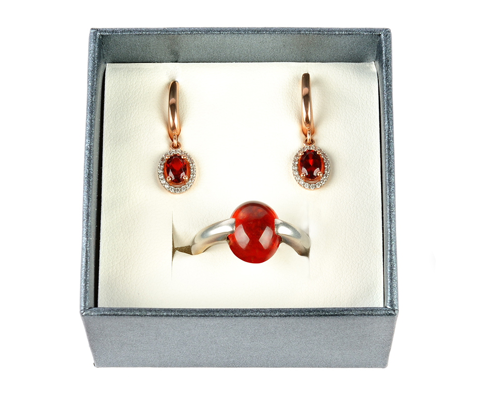 Jewelry set of red garnet earrings and ring image