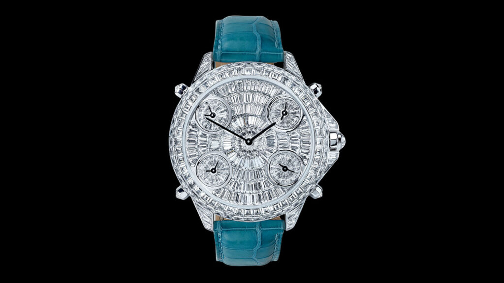 This Jacob & Co. diamond Five Time Zone Watch is dated early 2000s. It showcases over 300 baguette and rose-cut diamonds weighing around 28.86 carats at Joopiter image