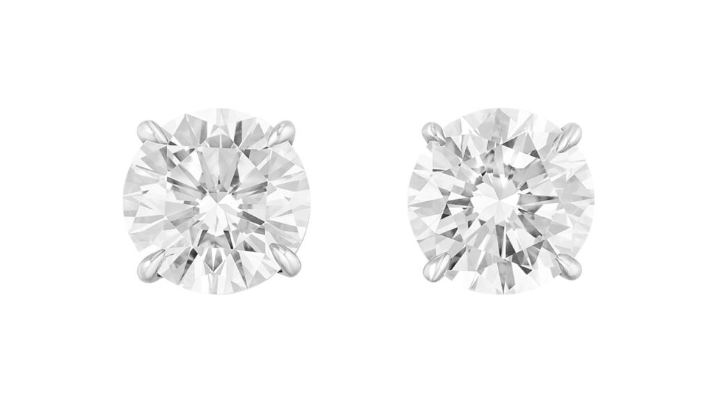 These stud earrings feature two round brilliant-cut diamonds. One is a 5.13-carat, D, VVS2-clarity, type IIa stone with the potential to be internally flawless and the other is a 5.04-carat, D, VVS2, type IIa diamond at Christie's