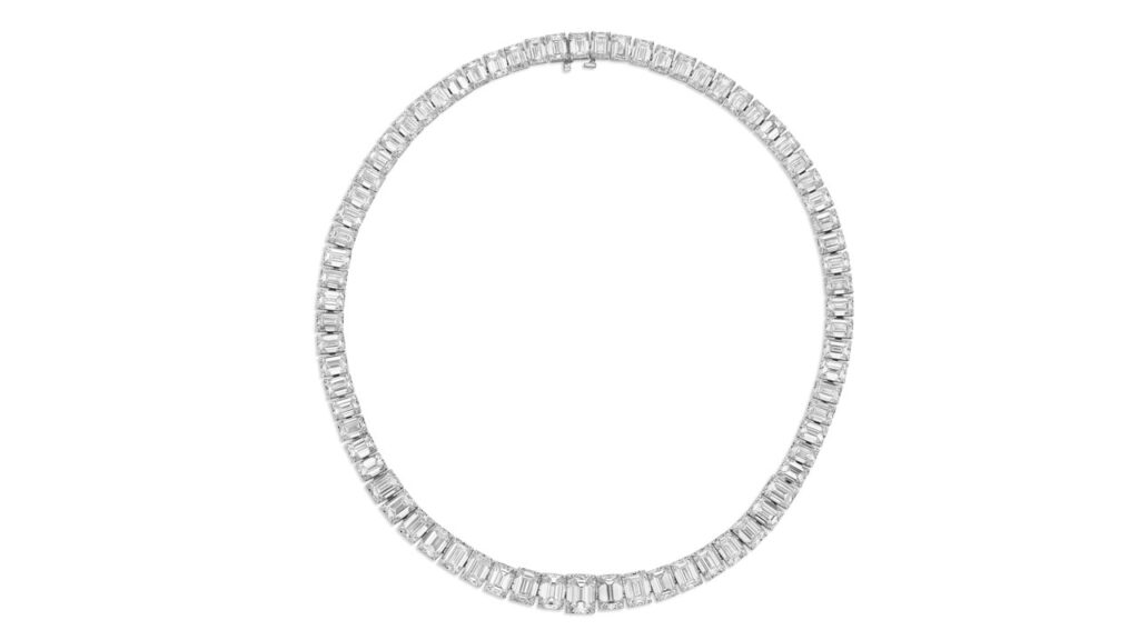 This rivière necklace comprises 73 emerald-cut diamonds totaling 86.58 carats, with colors ranging from G to I and clarity from internally flawless to VS2 at Christie's
