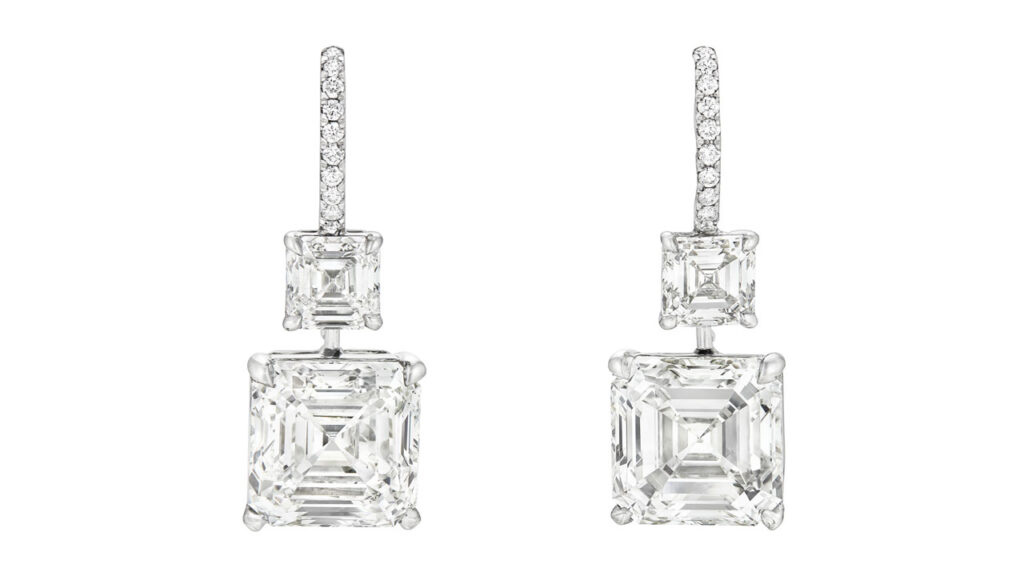 These earrings sport two square emerald-cut diamonds each. The two largest are a 6.04-carat, I, VVS2 stone and a 6.01-carat, I, VS1 at Christie's