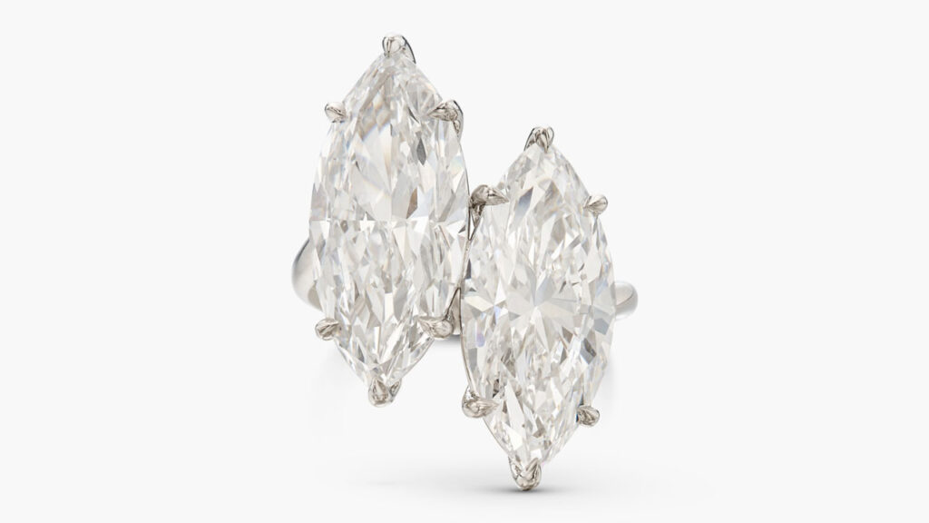 A ring with two marquise-shaped, D-color, internally flawless diamonds of 6.68 and 7.20 carats at Sotheby's image