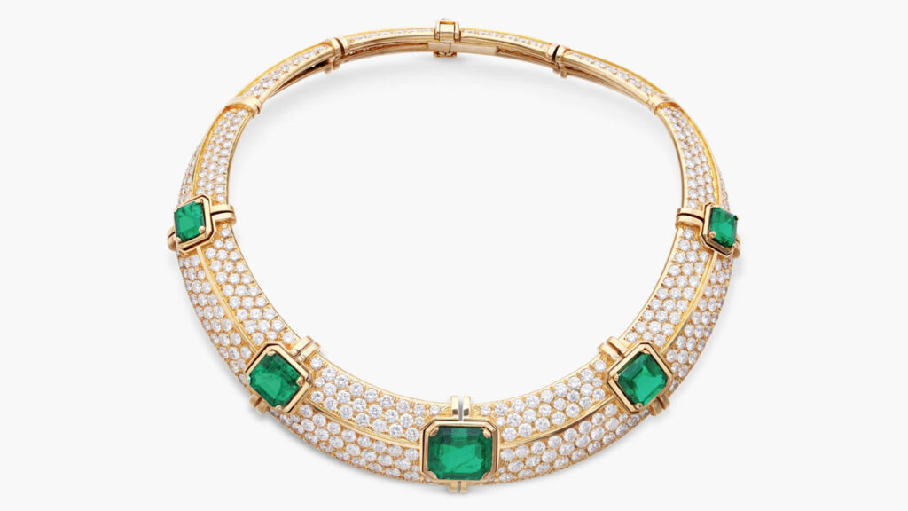 A Bucherer necklace featuring five step-cut Colombian emeralds weighing between 3.08 and 13.24 carats, pavé-set throughout with brilliant-cut diamonds at Sotheby's image