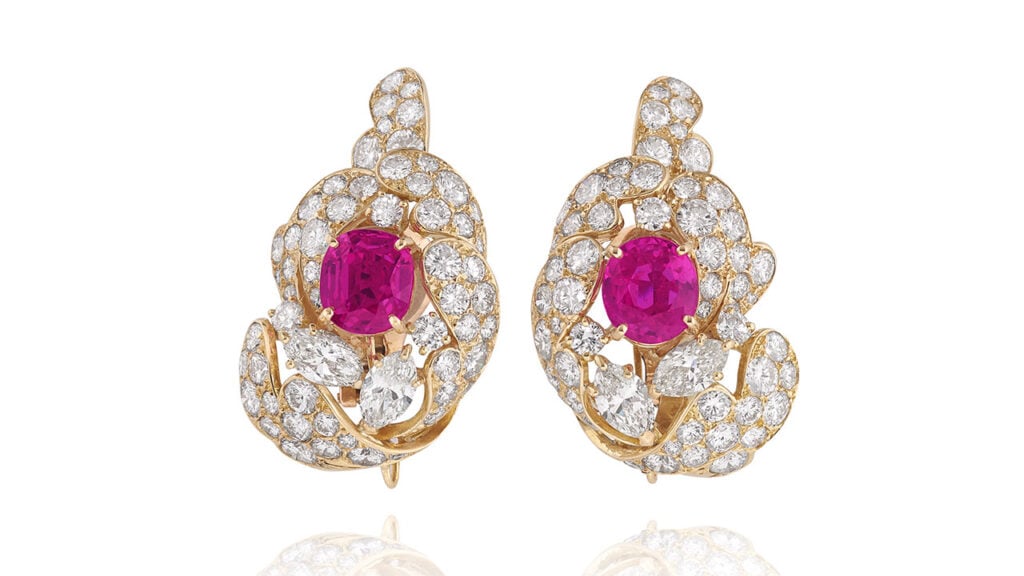 Ear clips from M. Gérard comprising Burmese pink sapphire and diamonds at Phillips image