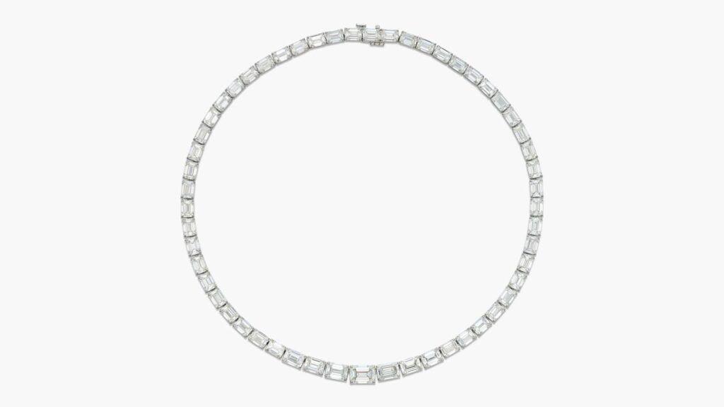 A diamond necklace with no reserve comprises a row of graduated step-cut diamonds that have a total weight of 61.72 carats, G to I color and internally flawless to VS2 clarity at Sotheby's image