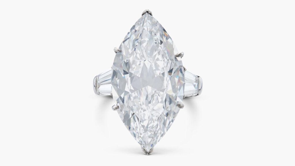 A Harry Winston ringcontaining a marquise-shaped, 13.76-carat, D-color, internally flawless diamond at Sotheby's image