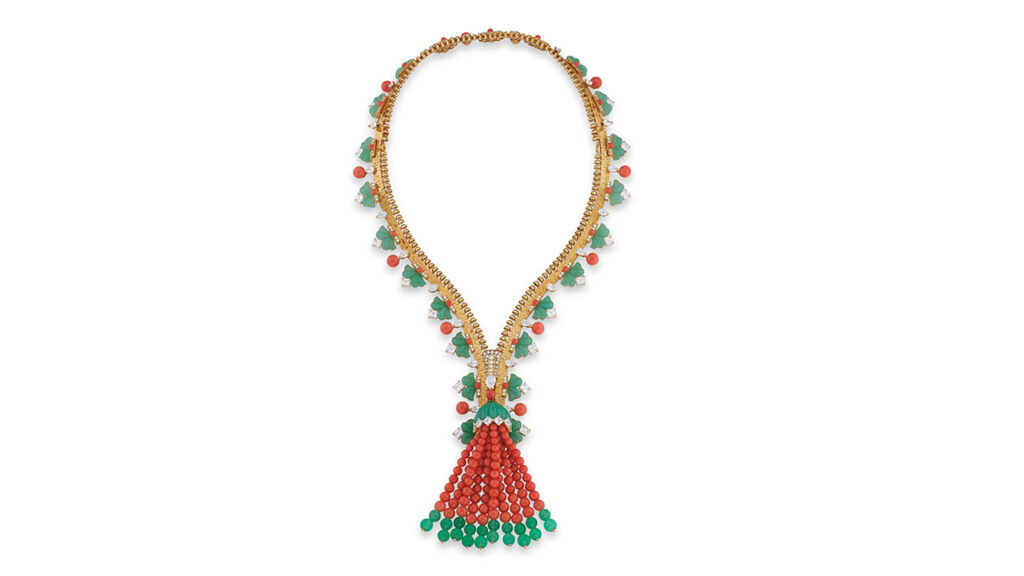 A Van Cleef & Arpels interchangeable zip necklace and bracelet features coral, chrysoprase and diamond at Phillips image