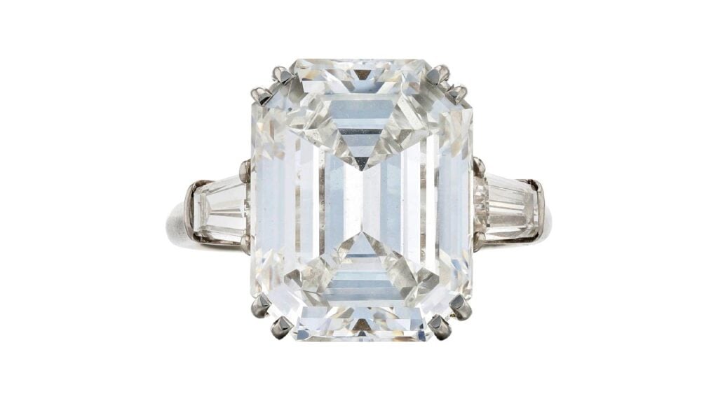 Harry Winston ring with a rectangular cut cornered 7.37 carat diamond which sold at Sotheby’s Paris image