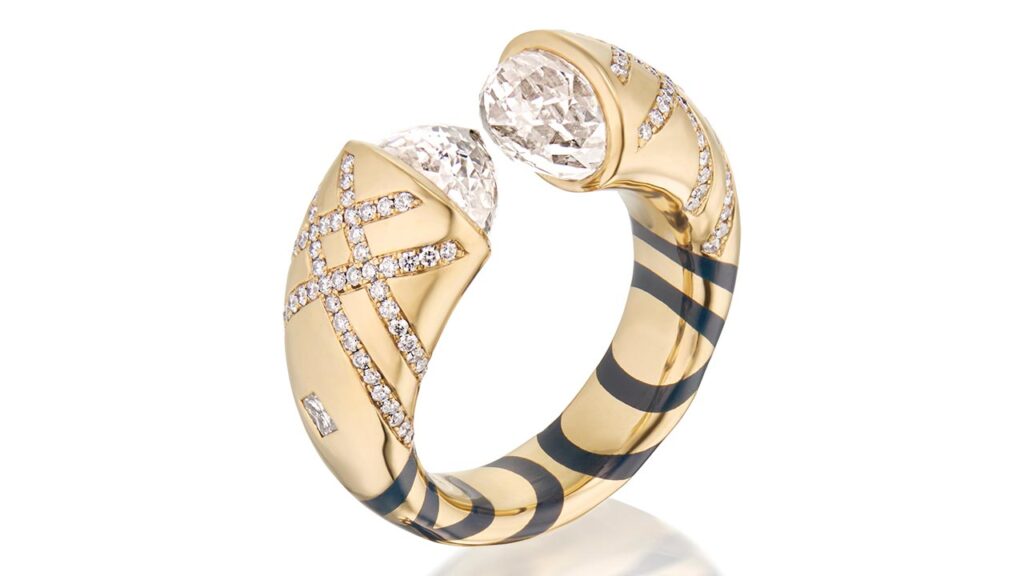 Double Bullet diamond ring with two rose-cut bullet diamonds weighing a total of 4.09 carats, pavé diamonds and navy-blue vitreous enamel, in 18-karat yellow gold, Jewelers of America image
