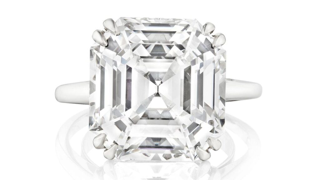 A ring starring an emerald-cut, 11.20-carat, E, VS1 diamond at Bonhams image