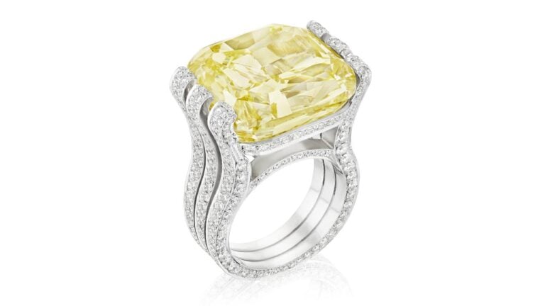 The 30.20-carat fancy-intense-yellow diamond ring at Bonhams image