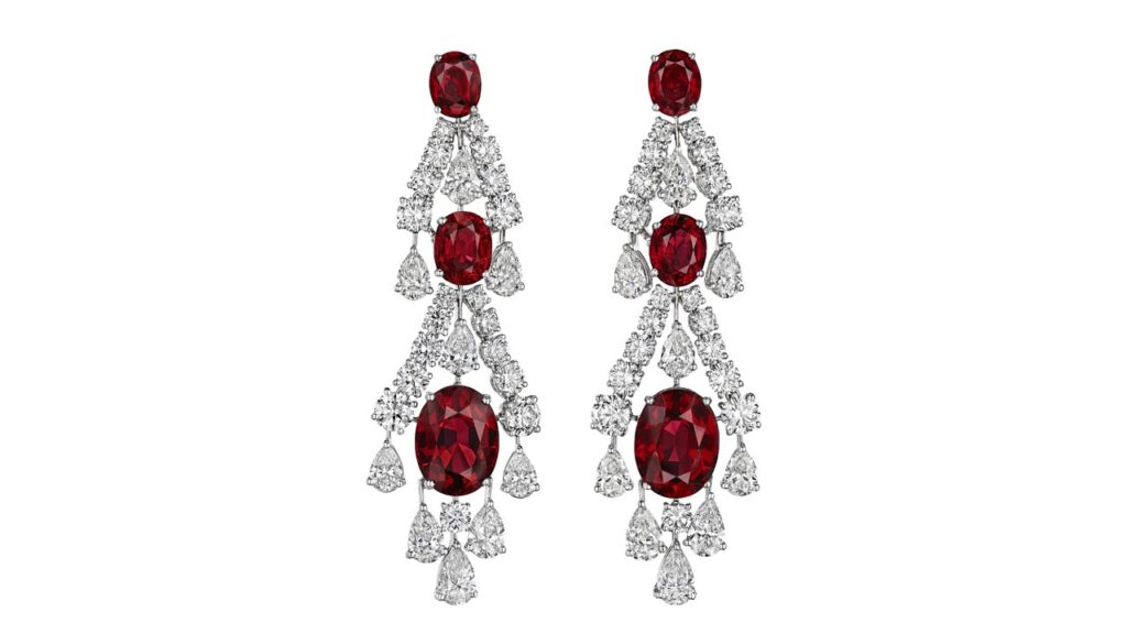 A pair of Graff earrings featuring six oval mixed-cut Burmese spinel weighing a total of 30.11 carats, decorated with pear and round diamonds at Christie's image