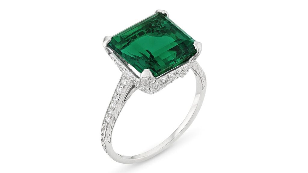 A Tiffany & Co. Art Deco ring from around 1925 bears a modified square step-cut, 6.01-carat Colombian emerald, with old-cut diamonds at Christie's images