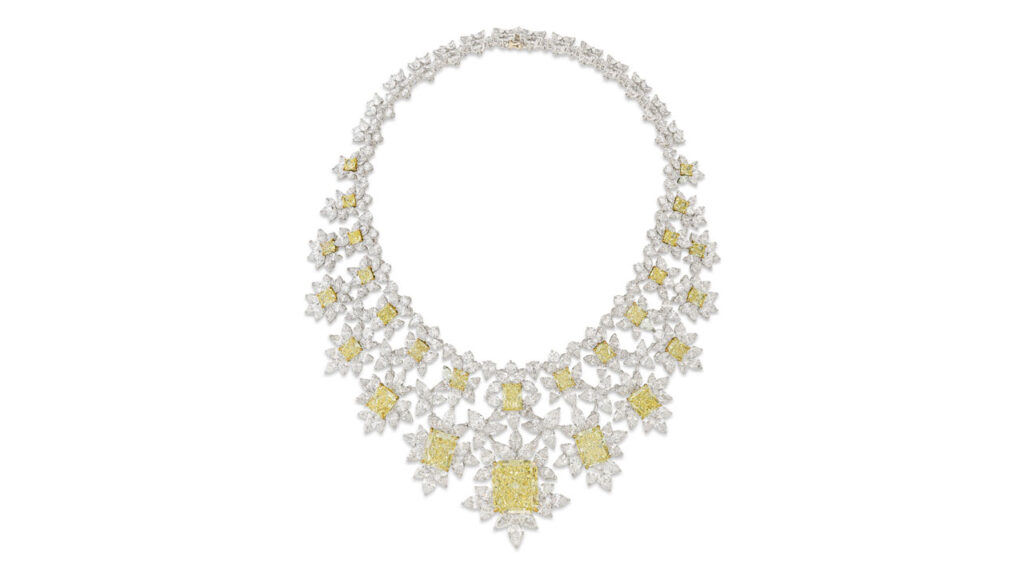Attributed to design house Fred, this necklace has cushion rectangular modified brilliant-cut, fancy-intense-yellow diamonds weighing 41.35, 6.21, 5.87 and 3.73 carats, fancy-yellow diamonds of the same cut weighing 12.30 and 11.21 carats, and additional diamonds at Christie's image