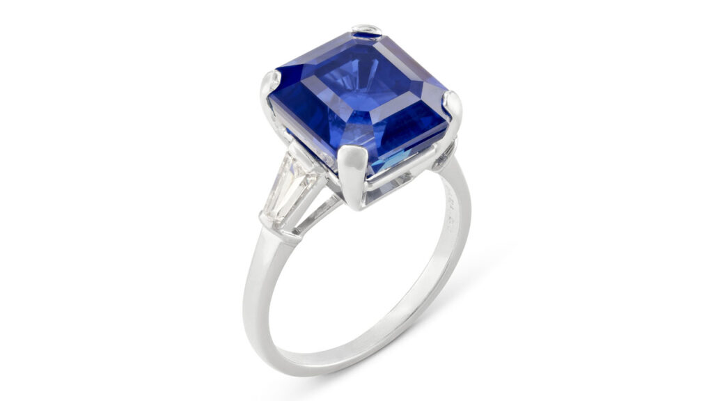 This Bulgari ring, contains an octagonal, 9.82-carat Kashmir sapphire and diamonds at Christie's image
