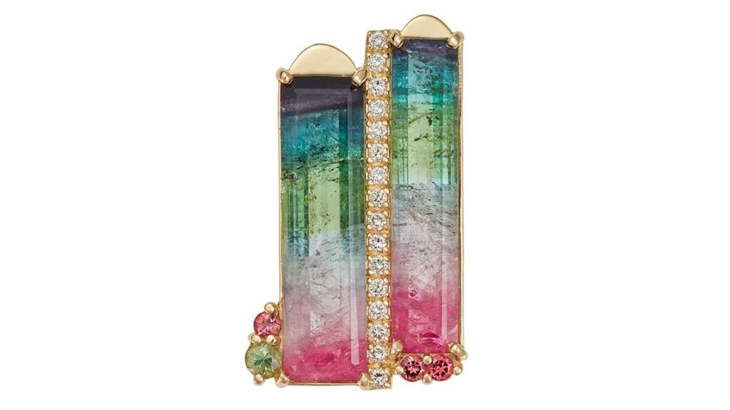 An 18-karat yellow gold watermelon tourmaline crystal brooch with natural diamonds and pink and green round natural tourmalines, Jewelers of America image