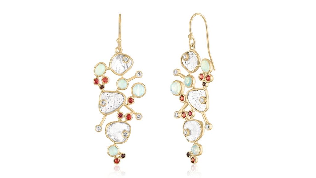 Etheria cluster earrings from the Fantasia collection with diamond slices, Ethiopian opals and red/orange sapphires set in 14-karat yellow gold, Jewelers of America image