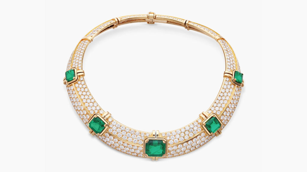 This Bucherer necklace features step-cut Colombian emeralds weighing 13.24, 6.47, 4.50, 3.16 and 3.08 carats, pavé-set with brilliant-cut diamonds at Sotheby's image