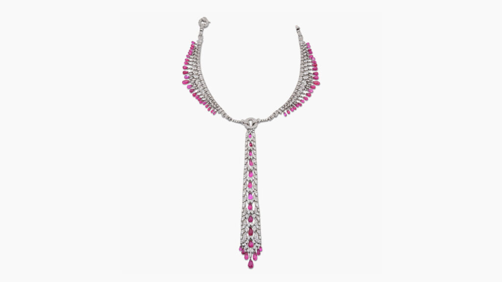 Hailing from an important European collection, this Lacloche Frères necklace has a tassel with drop-shaped rubies and circular- and single-cut diamonds at Sotheby's image