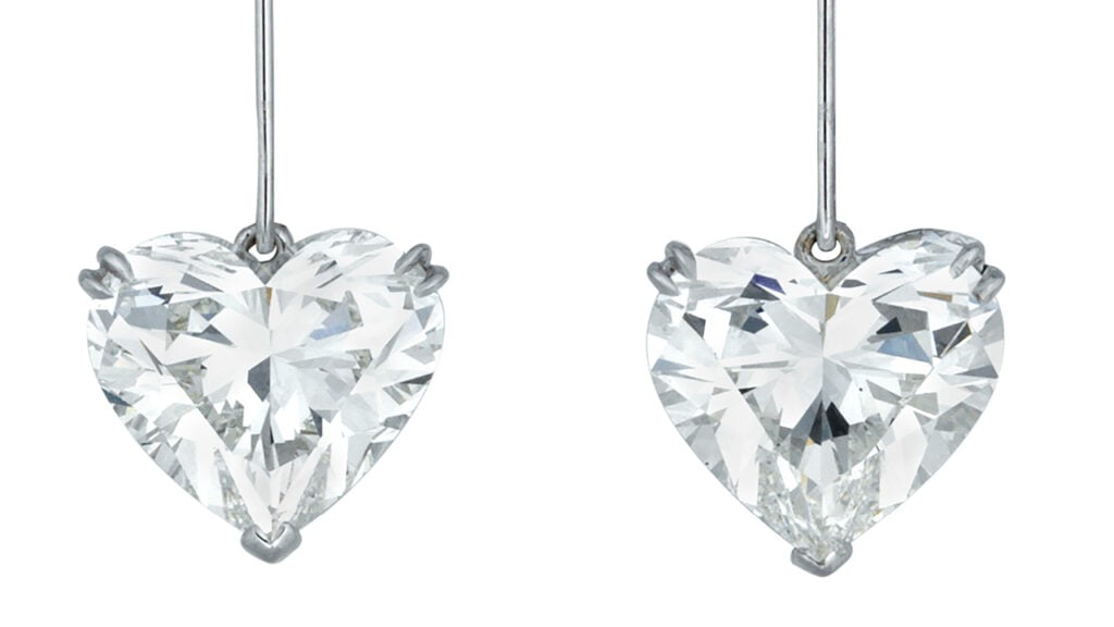 The pair of heart-shaped diamond earrings at Christie's image