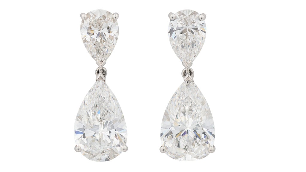 A pair of Graff earrings featuring pear brilliant-cut diamonds suspended from pear-shaped diamonds. The two main stones are D-color, internally flawless diamonds of 3.65 and 3.71 carats at Christie's image