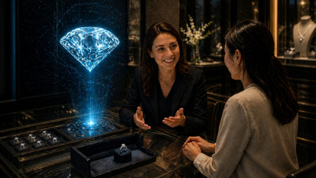 Graphic of two people talking next to a diamond hologram