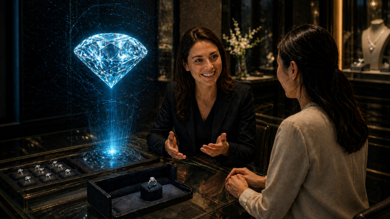 Graphic of two people talking next to a diamond hologram