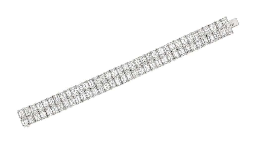 A bracelet comprising two rows of emerald-cut diamonds totaling 75 carats at Bonhams image