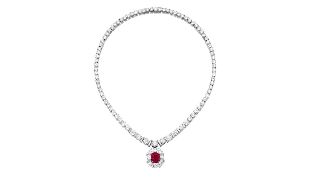 The diamond necklace featuring a 5.03-carat ruby at Bonhams image