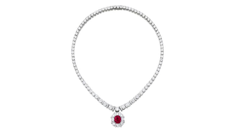 The diamond necklace featuring a 5.03-carat ruby at Bonhams image