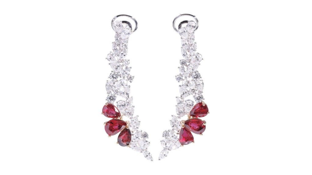 A pair of earrings, these comprise six pear-shaped Mozambique rubies weighing between 1 and 1.02 carats, and pear, marquise and circular-cut diamonds at Poly Auction image