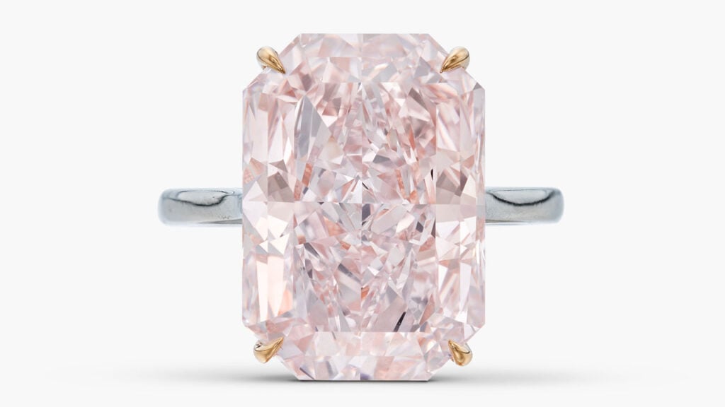 A ring with a cut-cornered rectangular mixed-cut, 13.77-carat, fancy-light-purplish-pink, VS2 diamond at Sotheby's image