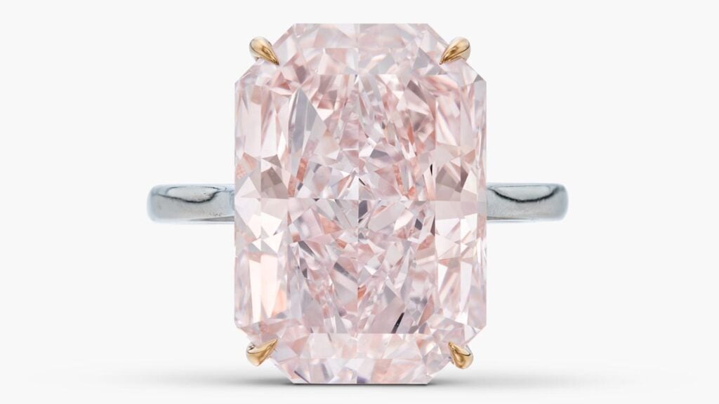 This ring features a cut-cornered rectangular mixed-cut, 13.77-carat, fancy-light-purplish-pink, VS2 diamond at Sotheby's image