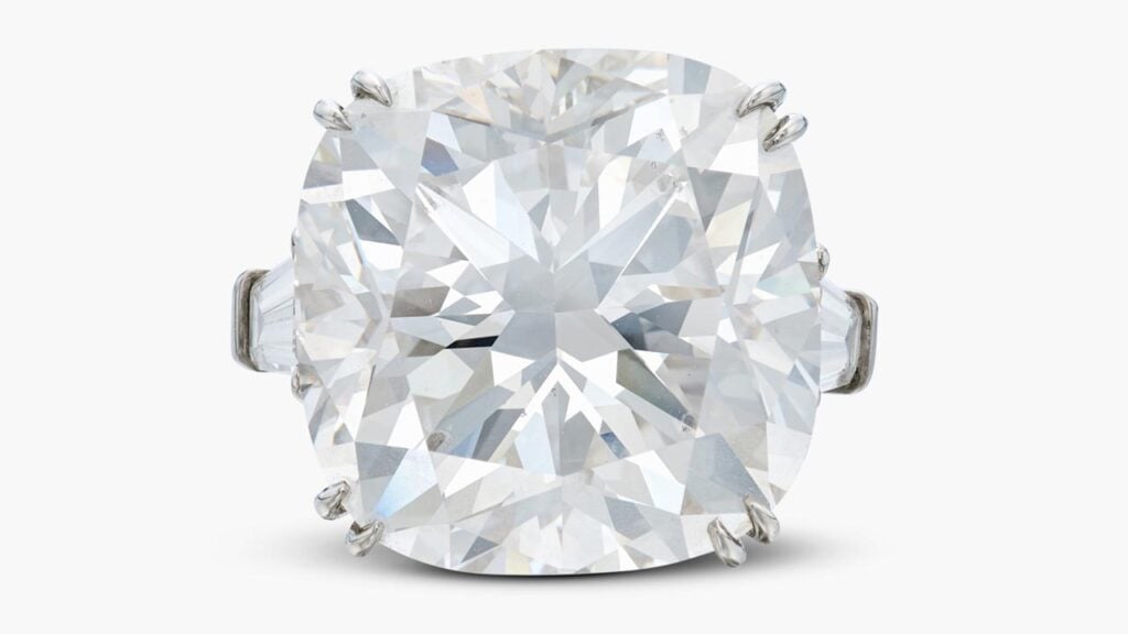A cushion-cut, 23.40-carat, F, VS2 diamond ring at Sotheby's image